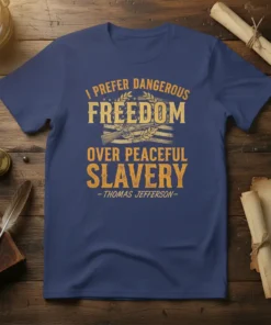 I Prefer Dangerous Freedom Over Peaceful Slavery T-Shirt with Thomas Jefferson quote and rifle graphic
