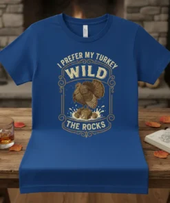 T-shirt featuring the phrase "I Prefer My Turkey Wild The Rocks" with a graphic of a wild turkey on rocks