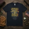 I Prefer Peace But If Trouble Must Come quote on a navy t-shirt with distressed American flag graphic and eagle