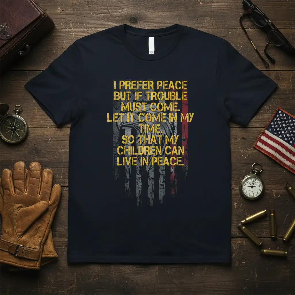 I Prefer Peace But If Trouble Must Come quote on navy tee with distressed US flag and eagle
