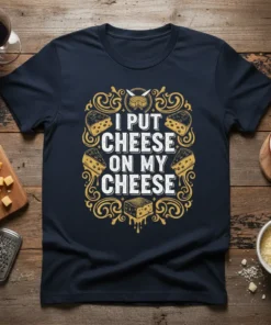 I PUT CHEESE ON MY CHEESE text with cheese graphics on a navy t-shirt, funny foodie design