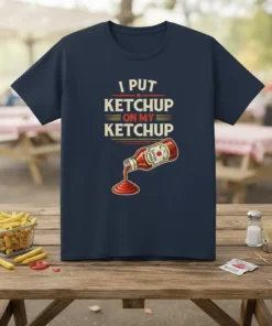 I Put Ketchup On My Ketchup funny quote t-shirt with retro ketchup bottle graphic and bold typography