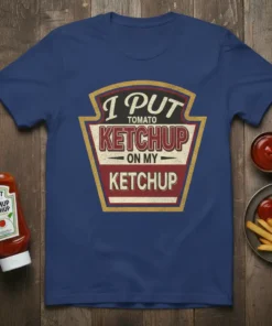 I Put Tomato Ketchup On My Ketchup quote on a navy blue t-shirt, designed to look like a ketchup bottle