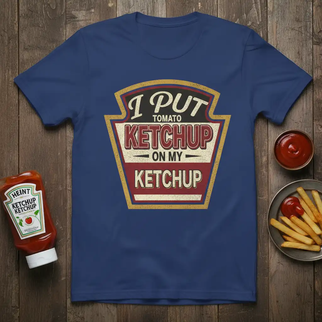 I Put Tomato Ketchup On My Ketchup slogan in a ketchup bottle label design on a navy blue t-shirt