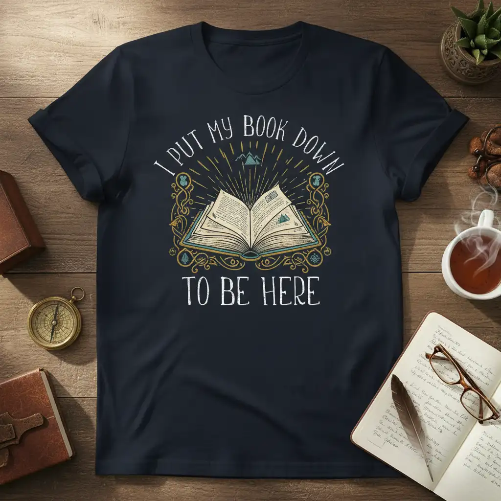 I Put My Book Down To Be Here quote with open book graphic on a dark navy t-shirt
