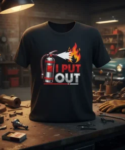 Black t-shirt with "I PUT OUT" text and a graphic of a fire extinguisher spraying foam onto flames