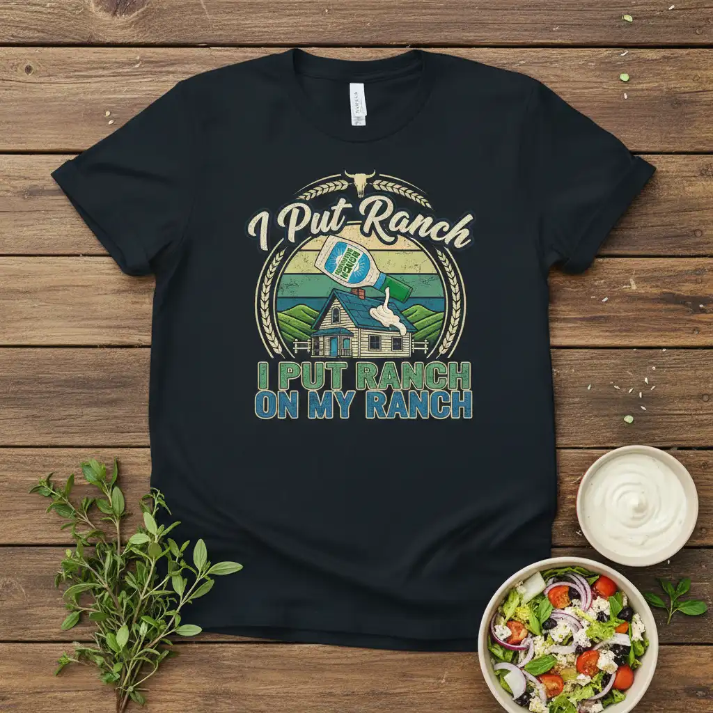 I Put Ranch ON MY RANCH humorous quote design with ranch dressing bottle and country house graphic