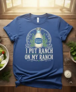 I Put Ranch On My Ranch funny t-shirt design featuring a bottle of ranch dressing and decorative greenery