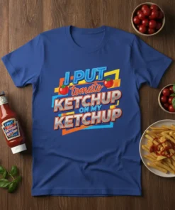 I PUT tomato KETCHUP ON MY KETCHUP quote t-shirt with vibrant graphic design, featuring two tomato icons