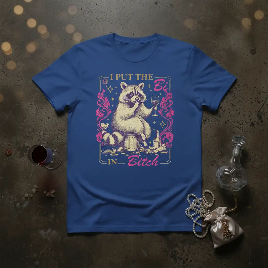 I Put The Bi In Bitch humorous raccoon quote design with a sassy raccoon holding wine