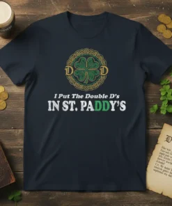 T-shirt featuring the text "I Put The Double D's IN ST. PADDY'S" with a shamrock and Celtic knot design, perfect