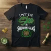 I PUT THE She IN SHENANIGANS St. Patrick's Day t-shirt with green glitter text and shamrock graphic