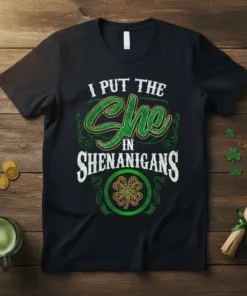 I PUT THE She IN SHENANIGANS St. Patrick's Day t-shirt with green glitter text and shamrock graphic
