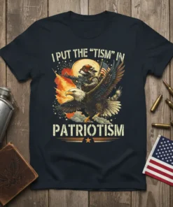 I PUT THE "TISM" IN PATRIOTISM bold graphic design printed on comfortable cotton t-shirt
