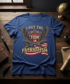 I Put The 'Tism' In Patriotism T-Shirt with American flag, eagle, and crossed guns graphic