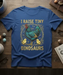 I Raise Tiny Dinosaurs t-shirt design with a blue hen and two chicks, featuring gold distressed text and a circular
