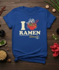 I RAMEN text design with a steaming bowl of ramen and chopsticks on a blue t-shirt