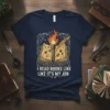 Navy t-shirt with "I Read Books Like Like It's My Job" text, featuring an open book with a torch and