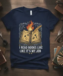 Navy t-shirt with "I Read Books Like Like It's My Job" text, featuring an open book with a torch and