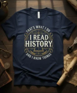 Navy t-shirt with vintage circular design: "THAT'S WHAT I DO I READ HISTORY AND I KNOW THINGS" and an open