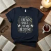 T-shirt with the text "I READ PAST MY MY BEDTIME" in decorative font, surrounded by stars, moons, and open books