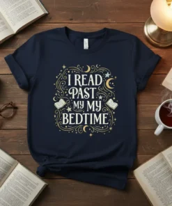 T-shirt with the text "I READ PAST MY MY BEDTIME" in decorative font, surrounded by stars, moons, and open books