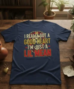 Navy t-shirt with "I REALLY GOT A GOOD HEART I'M JUST A LIL MEAN" text and a lion graphic