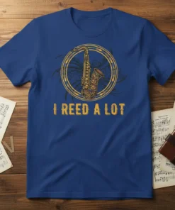 I REED A LOT text with a vintage saxophone illustration on a blue t-shirt, surrounded by musical notes and decorative
