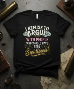 I Refuse to Argue With People Who Should Have Been Swallowed quote on a black t-shirt, featuring retro-style typography