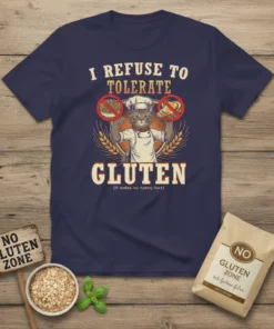 I Refuse To Tolerate Gluten funny cat chef t-shirt design with crossed out bread and pasta symbols