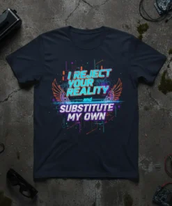 T-shirt with "I Reject Your Reality and Substitute My Own" quote in retro-futuristic font with wings graphic