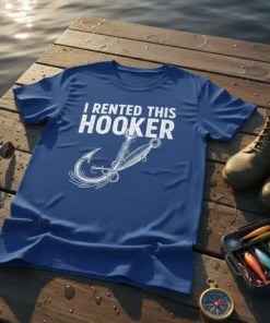 I Rented This Hooker funny fishing t-shirt with a graphic of a fishing hook and lure