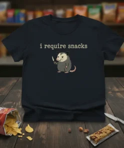 I require snacks text with a cute, grumpy possum holding a knife graphic on a navy t-shirt
