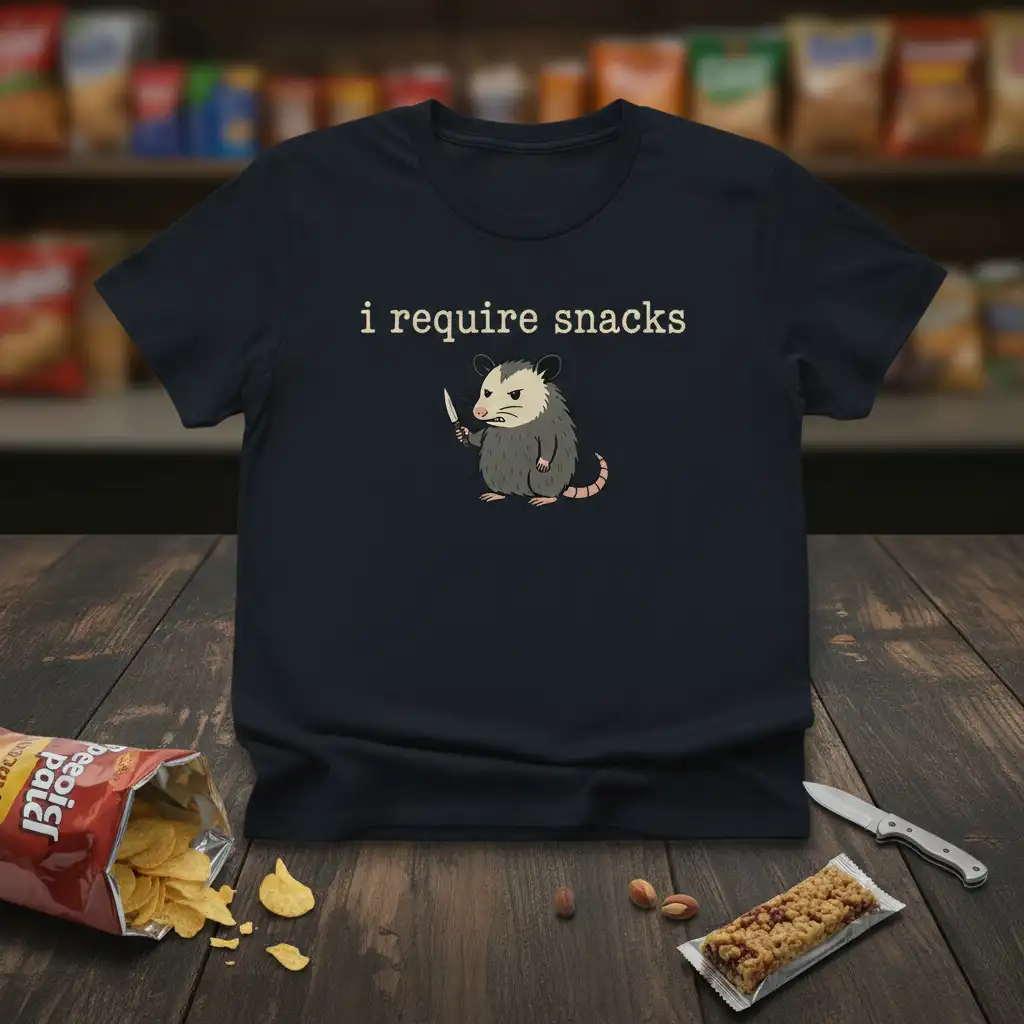 I require snacks humorous quote design featuring a grumpy possum with a knife graphic