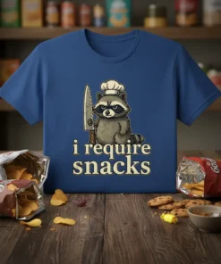 I Require Snacks t-shirt design with a raccoon chef holding a knife and text "i require snacks"