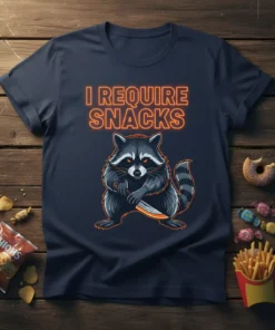 I Require Snacks T-Shirt with a cute raccoon holding a knife, glowing orange text, and snack-themed graphics