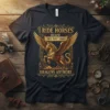 I Ride Horses Because They Don't Make Dragons Anymore quote with a golden winged horse graphic on a black t-shirt