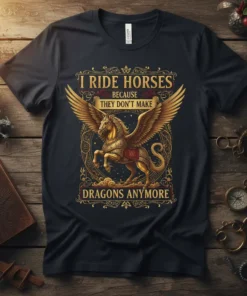 I Ride Horses Because They Don't Make Dragons Anymore quote with a golden winged horse graphic on a black t-shirt