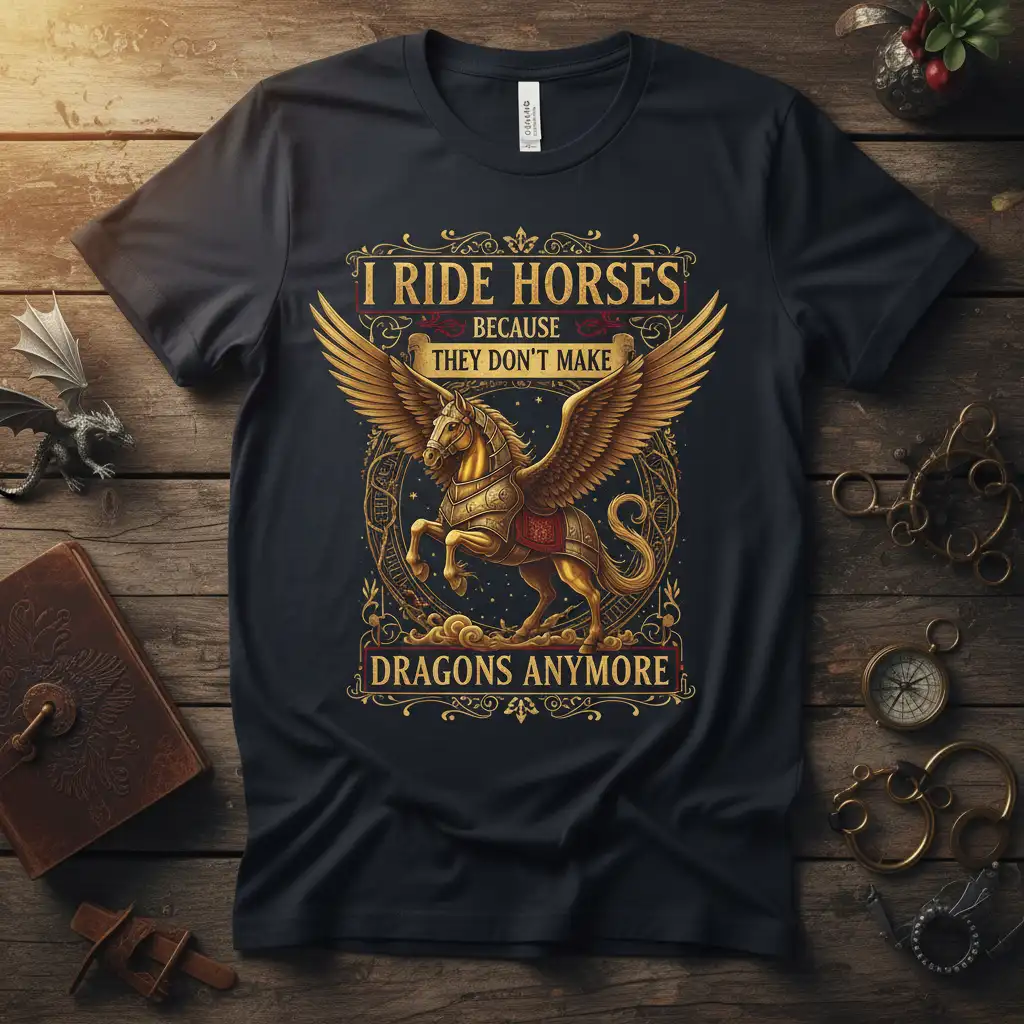 I Ride Horses Because They Don't Make Dragons Anymore quote with a majestic winged horse illustration on a dark t-shirt