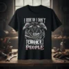I Ride So I Don't Choke People quote t-shirt with a V-twin motorcycle engine and crow skulls graphic