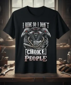 I Ride So I Don't Choke People quote t-shirt with a V-twin motorcycle engine and crow skulls graphic