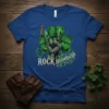 I Rock Shamrocks T-Shirt design featuring a rock hand gesture and green shamrocks with electric green accents