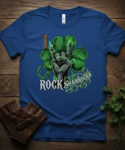 I Rock Shamrocks T-Shirt design featuring a rock hand gesture and green shamrocks with electric green accents