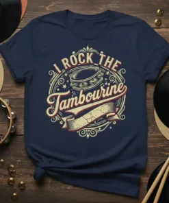I Rock The Tambourine t-shirt design with vintage circular graphic and tambourine illustration