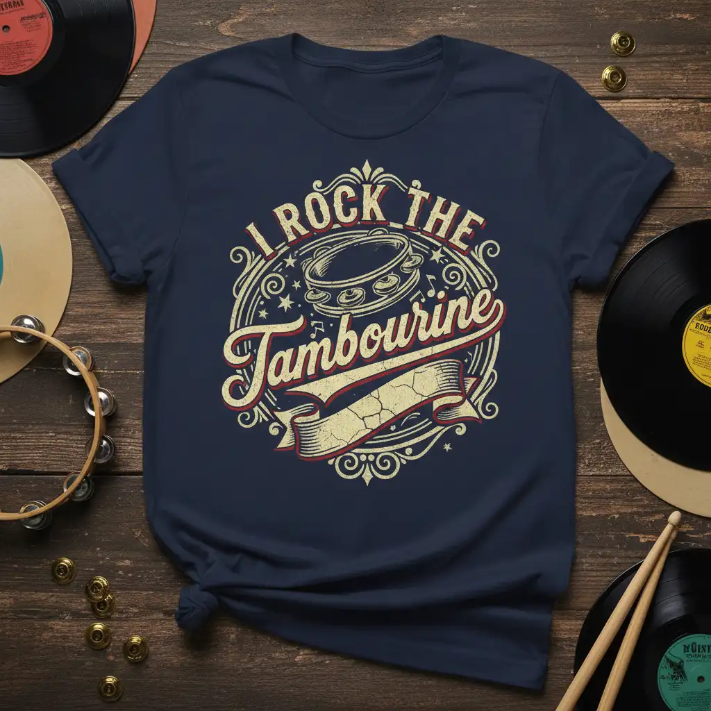 I Rock The Tambourine quote with vintage circular graphic and tambourine illustration on a t-shirt