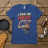 I Rub My Meat Before I Stick It In funny BBQ quote t-shirt with muscular arm grilling sausages
