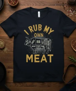 I Rub My Own Meat t-shirt featuring a humorous quote and a diagram of beef cuts
