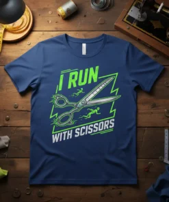 Navy t-shirt with neon green text "I RUN WITH SCISSORS" and graphic of scissors with runners