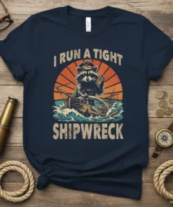 T-shirt with "I Run A Tight Shipwreck" text and a raccoon captain on a sinking ship graphic