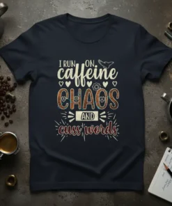 T-shirt with the quote "I RUN ON caffeine CHAOS AND cuss words" in distressed, bold typography. Features small heart and
